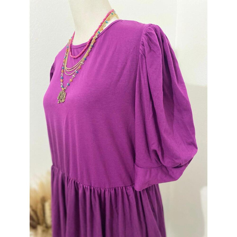 Puff Sleeve Purple Dress w/Pockets-Large-New (0011)